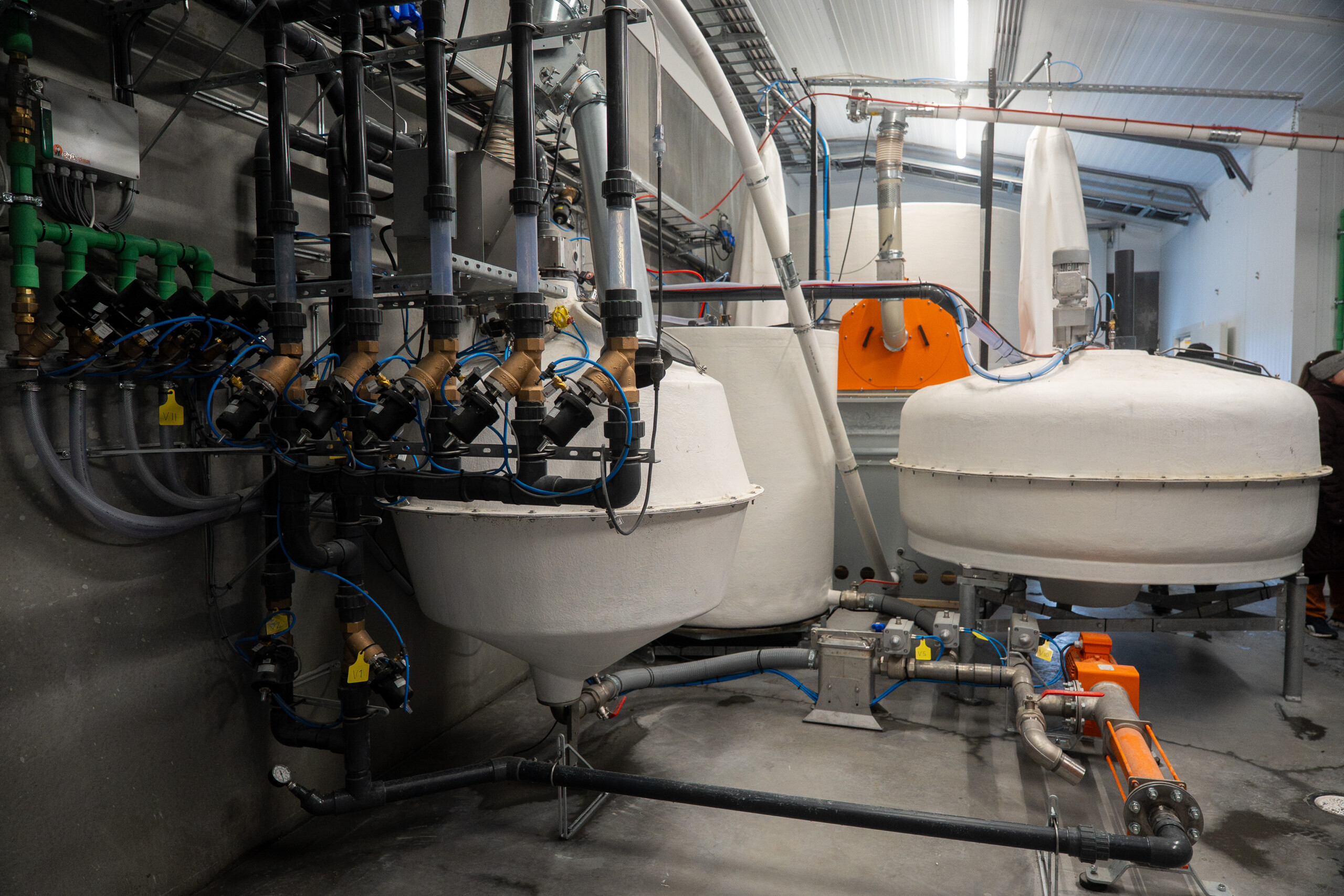 Big Dutchman restløst våtfôringsanlegg, inkludert 15 m³ mysetank og mølle for roesnitter. Asbjørn Storlien. Brumunddal, februar 2025