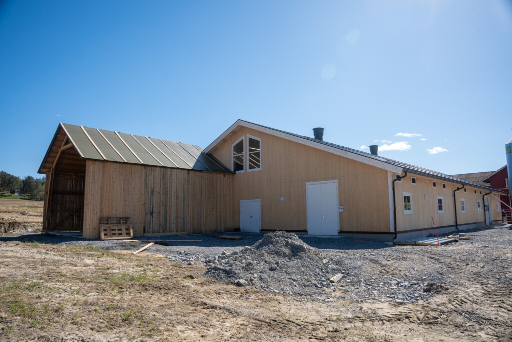 Fjøs i massivtre fra Splitkon. Fôrsentral under oppføring hos Roxana Stangebye. Sigdal, mai 2026